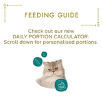 Feeding guide for a cat with a daily portion calculator prompt on a white background