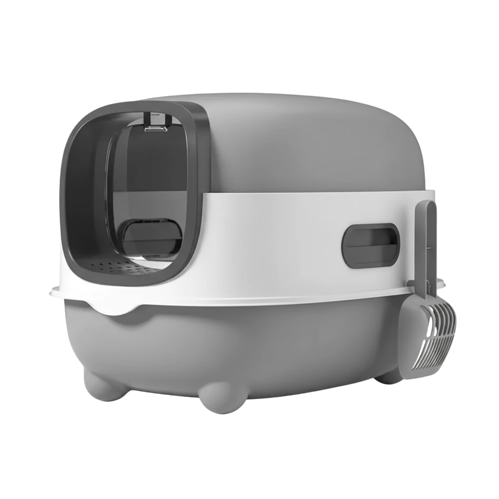 Gray and white pet litter box on a white background