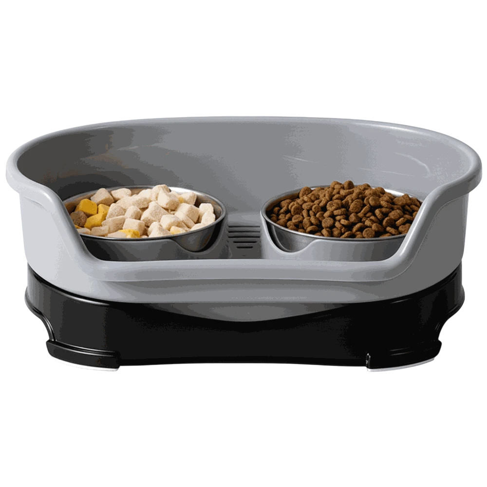 Pet feeding station with two bowls containing food on a white background