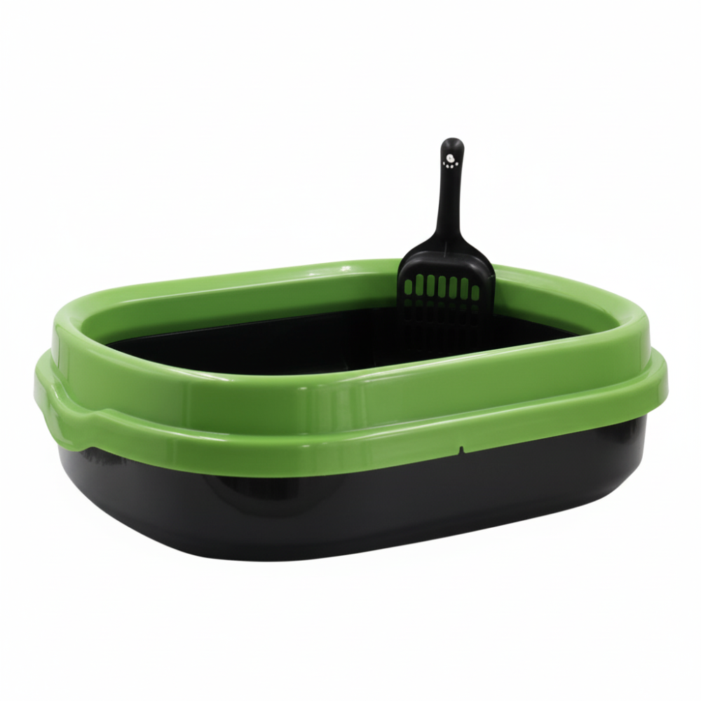 Green cat litter box on white background