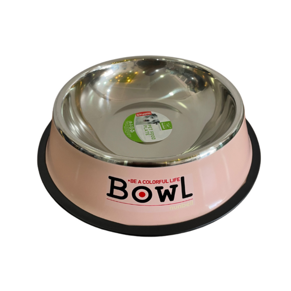 Pink pet bowl with a metal interior on a white background