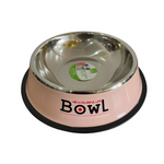 Pink pet bowl with a metal interior on a white background