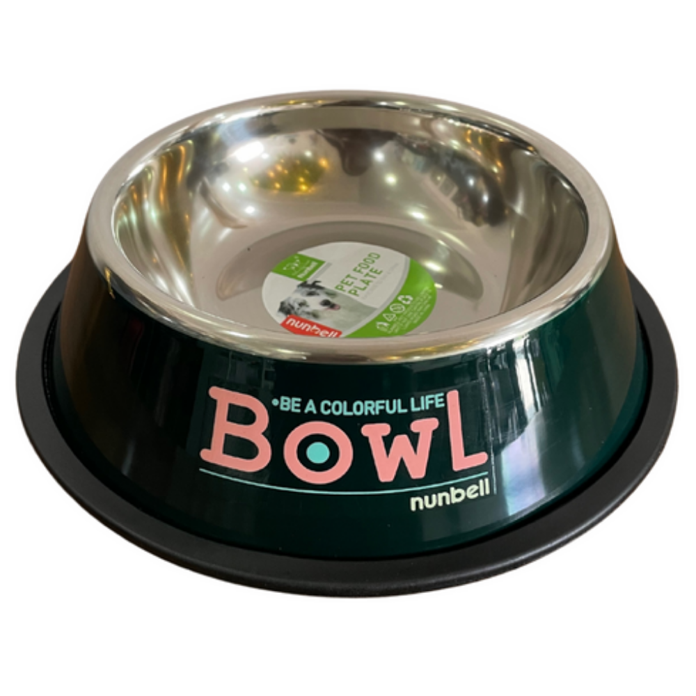 Stainless steel pet bowl with black base and colorful text, featuring the brand 'nunbell'.