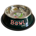 Stainless steel pet bowl with black base and colorful text, featuring the brand 'nunbell'.