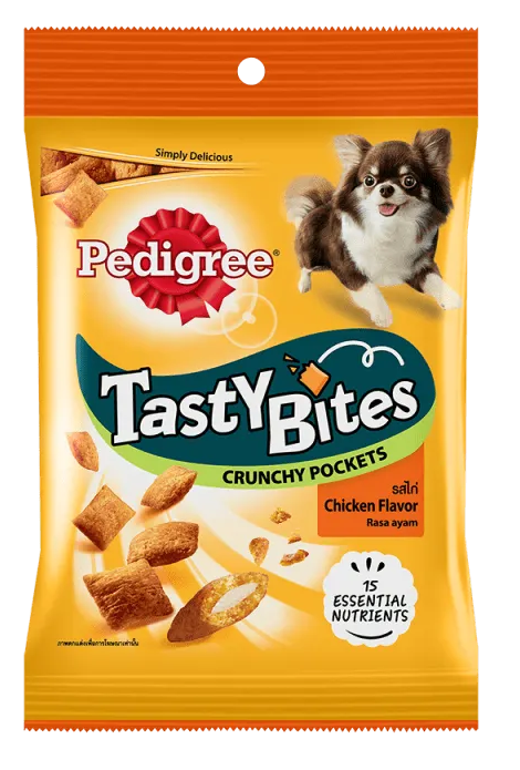 Pedigree Tasty Bites Crunchy Pockets dog treat package on a white background