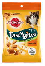 Pedigree Tasty Bites Crunchy Pockets dog treat package on a white background