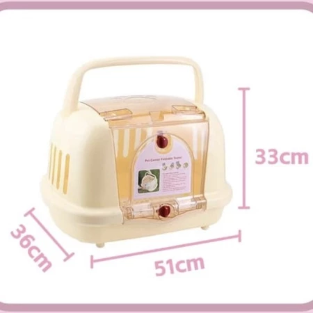 Beige pet carrier with dimensions indicated on a white background