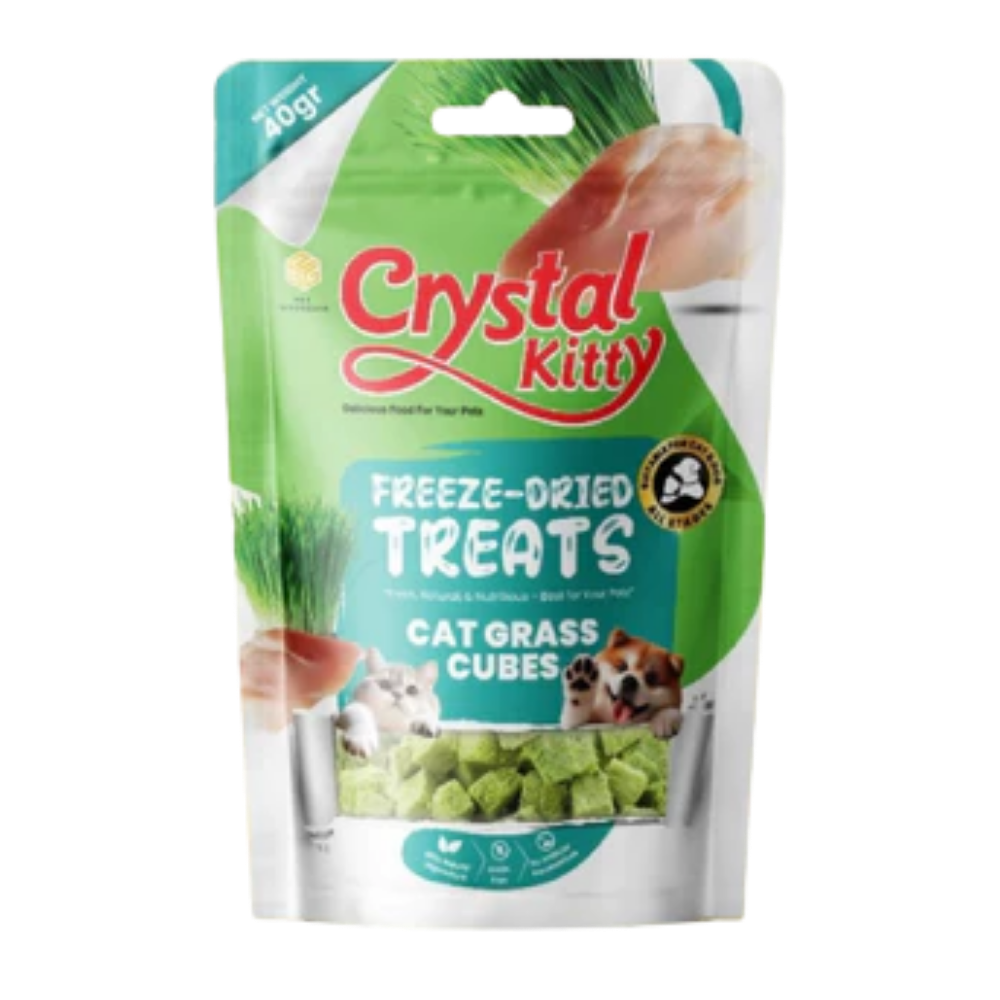 Package of Crystal Kitty freeze-dried cat grass cubes on a white background