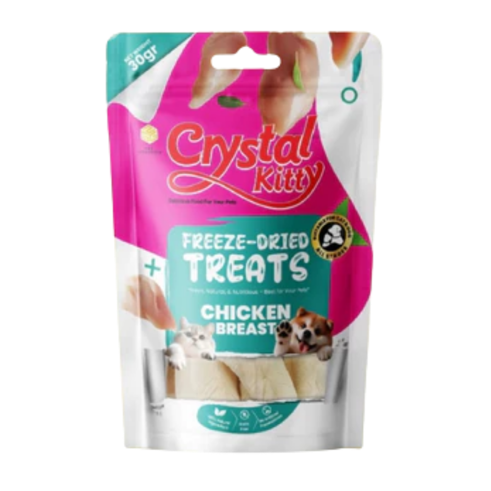 Package of Crystal Kitty freeze-dried chicken breast treats for pets on a white background