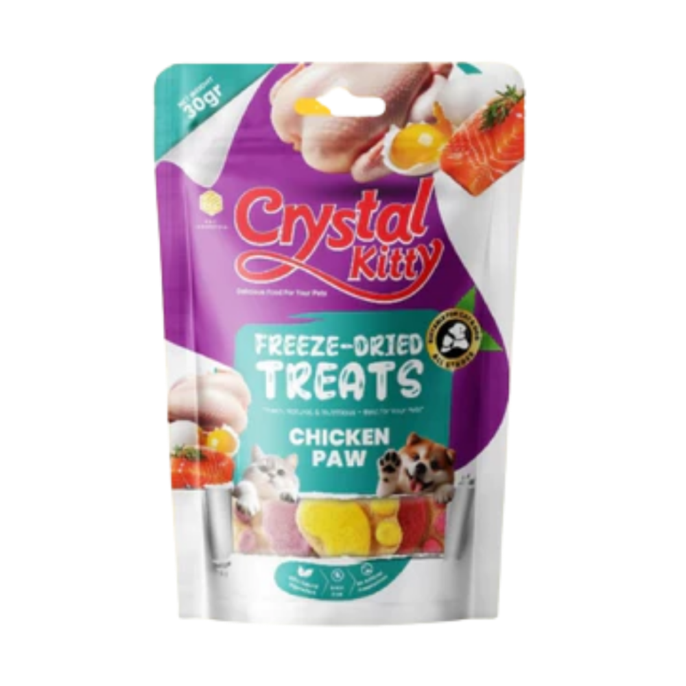 Packaging of Crystal Kitty freeze-dried chicken paw treats on a white background