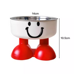 Smiley face bowl with red legs and measurements on a white background