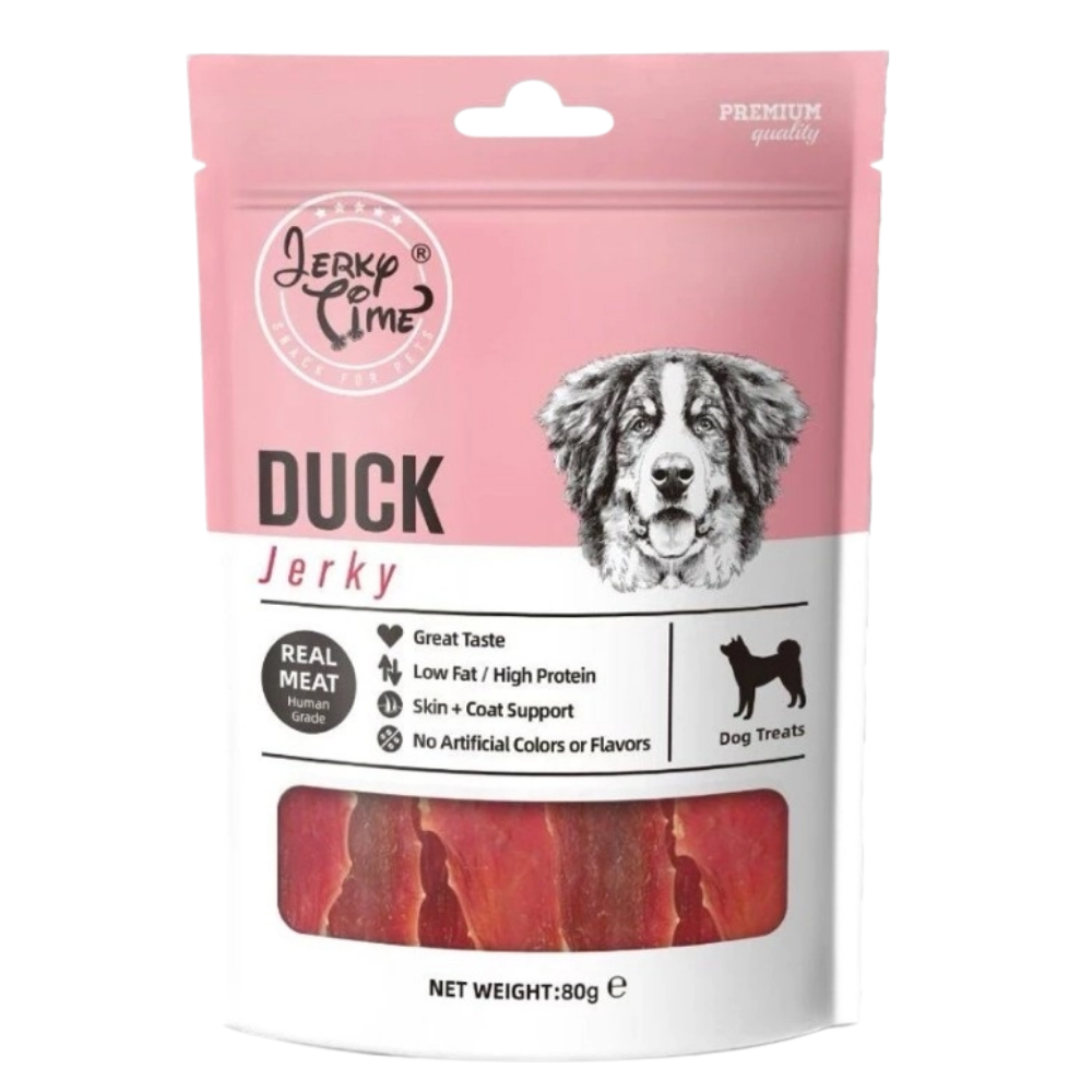 Pink package of Leaky Paws Duck Jerky for dogs with a dog's face on the packaging.