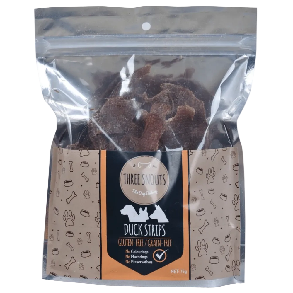 Packaged dog treats labeled 'Three Moutls Duck Strips' on a white background