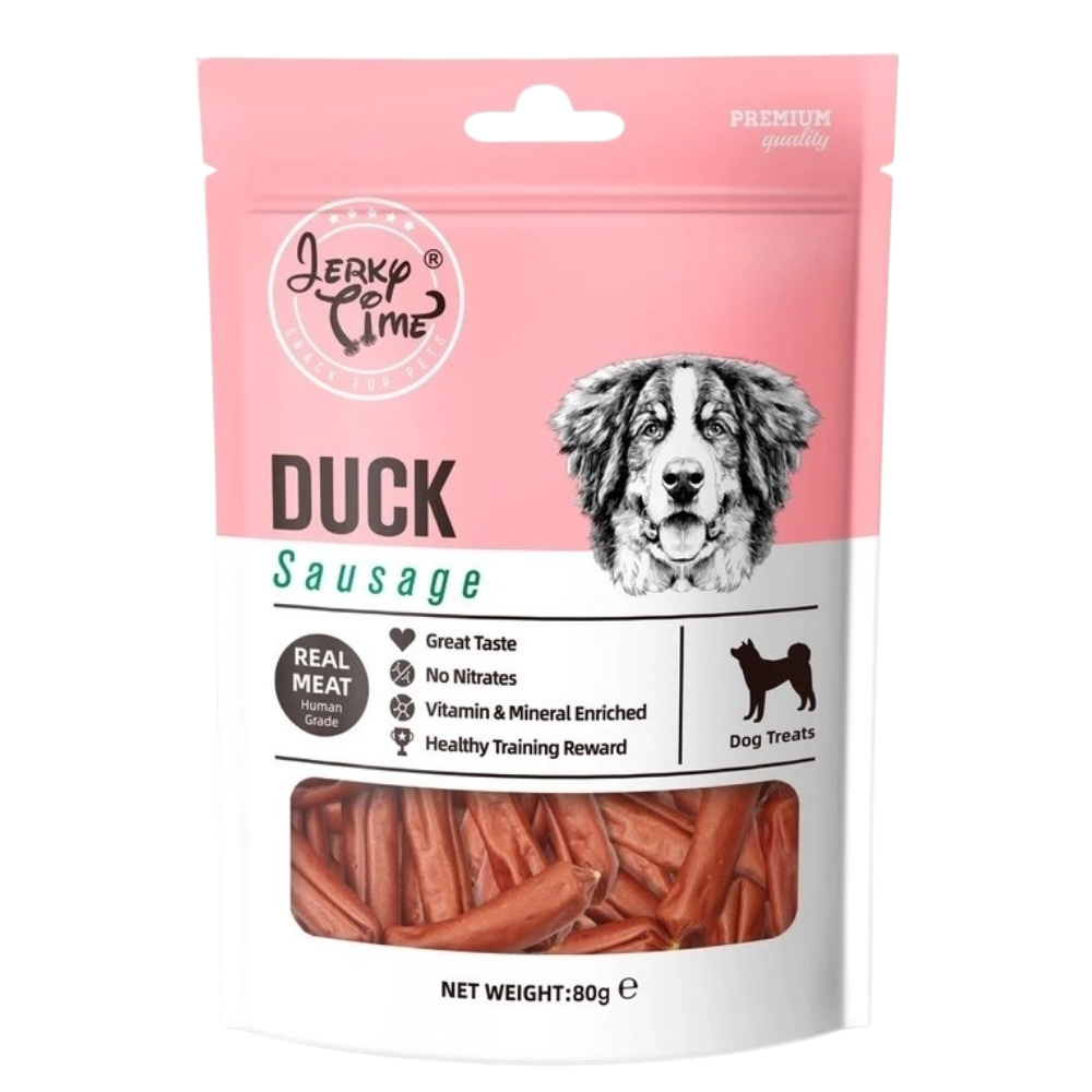 Package of Jerky Time duck sausage dog treats with a pink background and dog illustration.