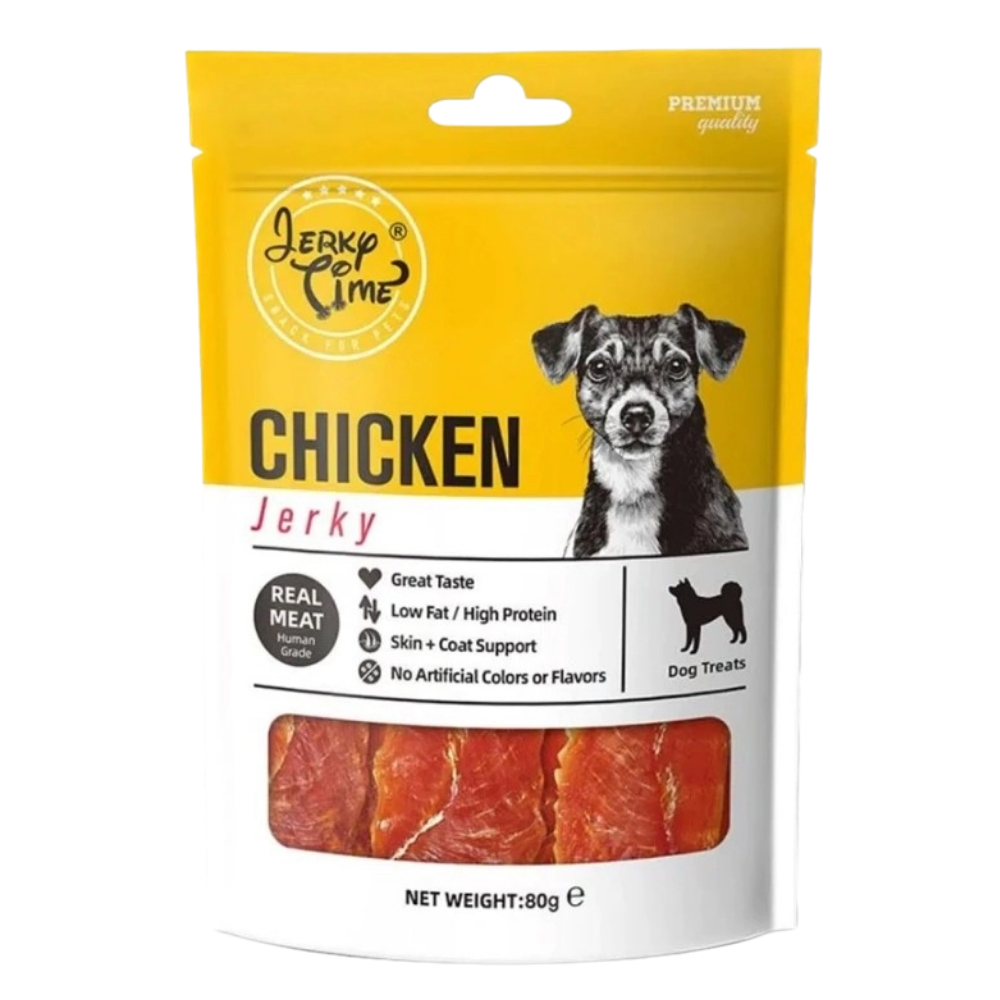 Package of Jerky Time Chicken Jerky for dogs with a yellow background and dog illustration.