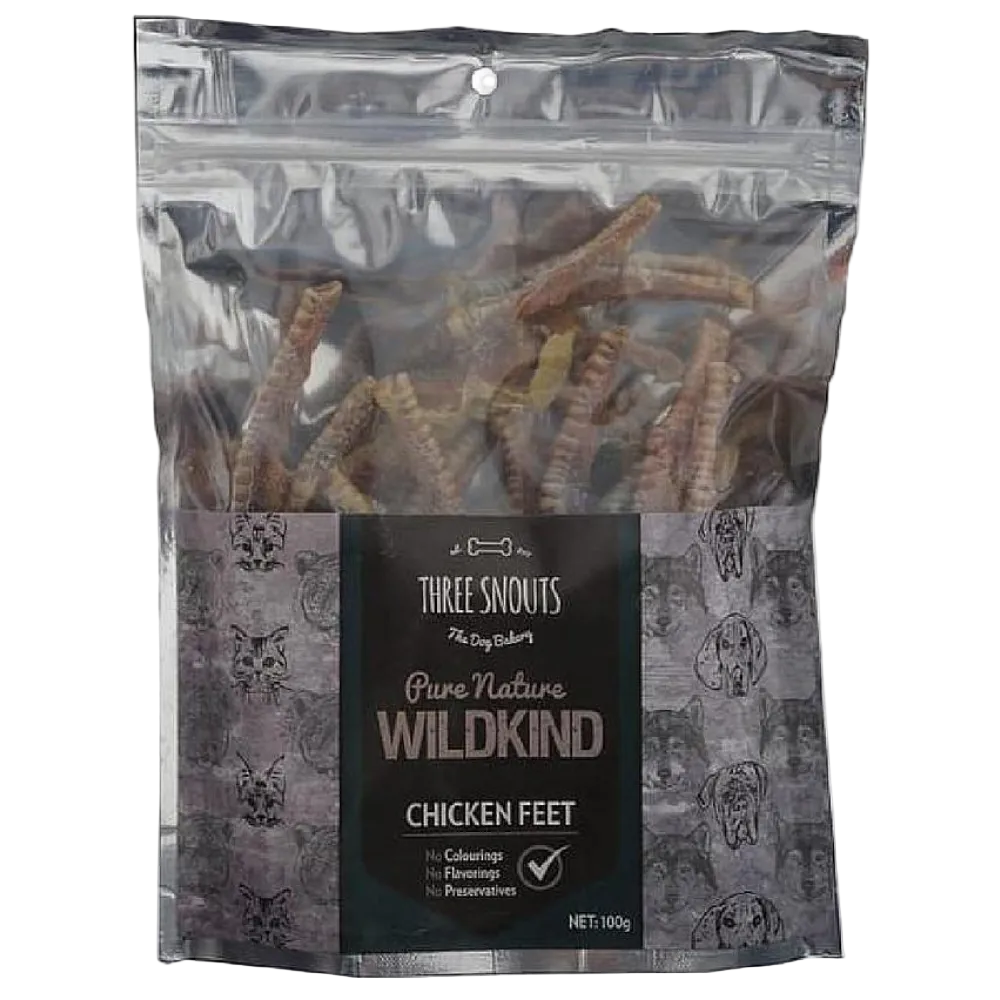 Bag of Three Snouts Wildkind Chicken Feet on a white background