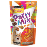 Purina Friskies Party Mix Crunch cat treats packaging with colorful design and cat illustration.