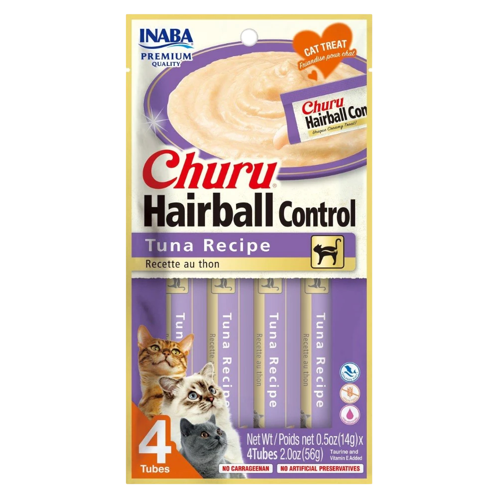 INABA Churu Hairball Control Tuna Recipe cat treat packaging with images of cats.