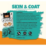 Puffz Skin & Coat pet food packaging with nutritional information on a colorful background
