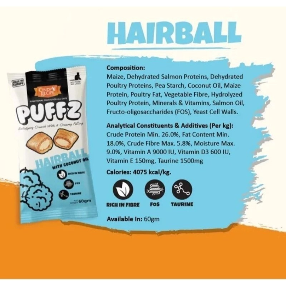 Puffz Hairball product packaging with nutritional information on a white background