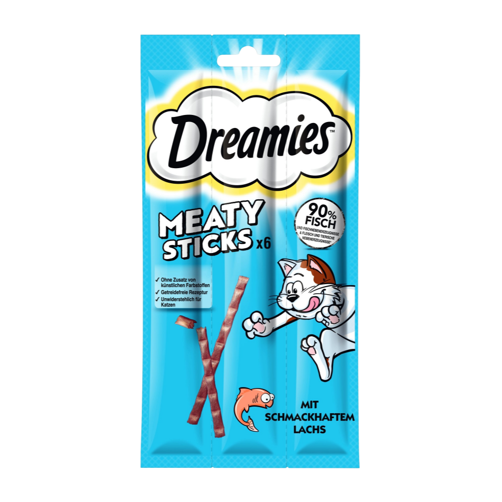 Pack of Dreamies Meaty Sticks for cats with a blue background