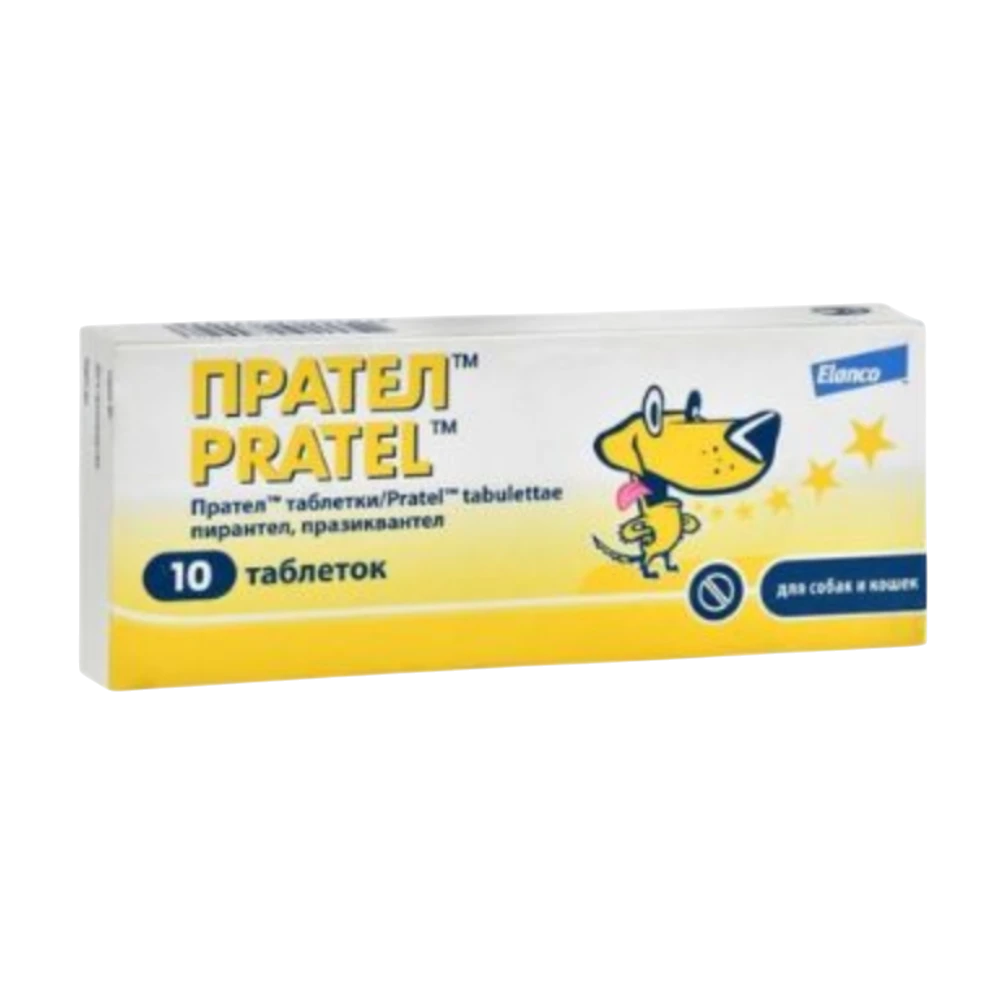 Box of Pratel tablets for pets on a white background