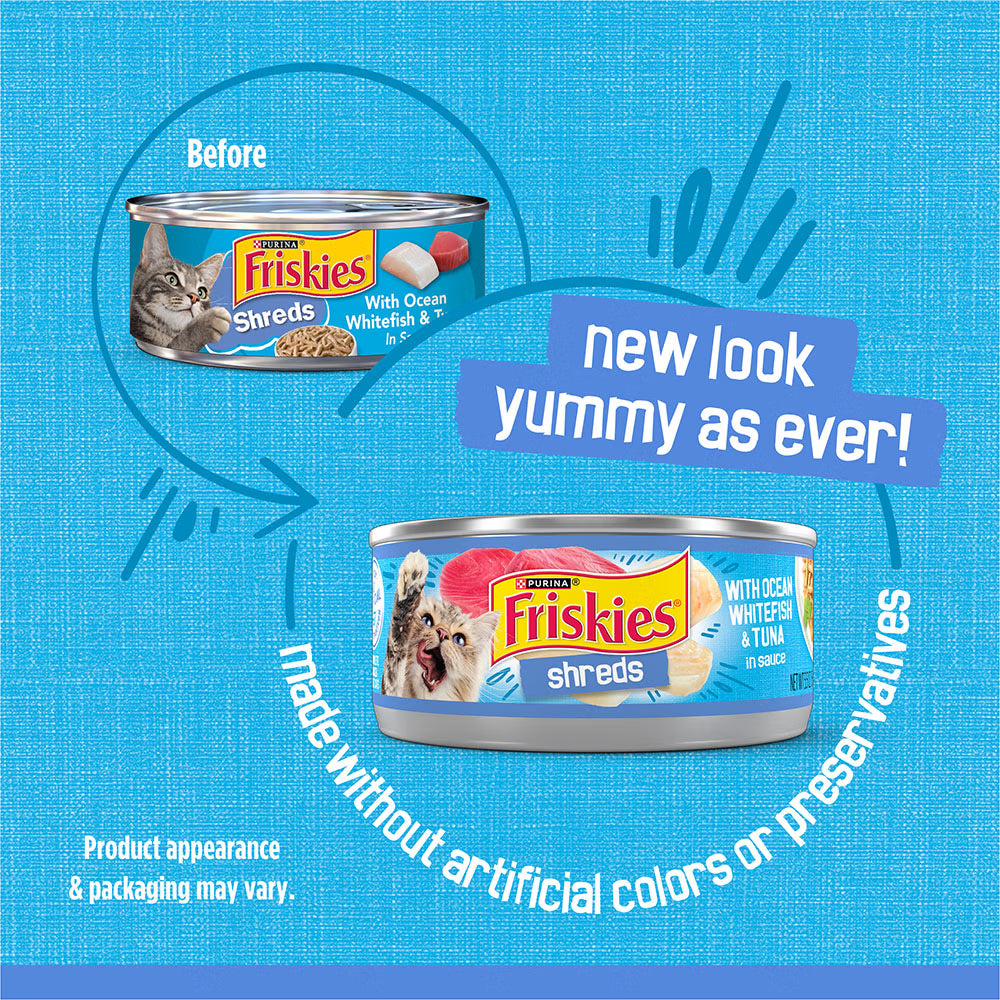 Comparison of Friskies cat food cans with text on a blue background