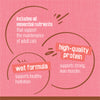 Text on a pink background about cat food ingredients and benefits