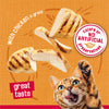 Cat food product with chicken in gravy on an orange background, featuring a cat and text about taste and ingredients.
