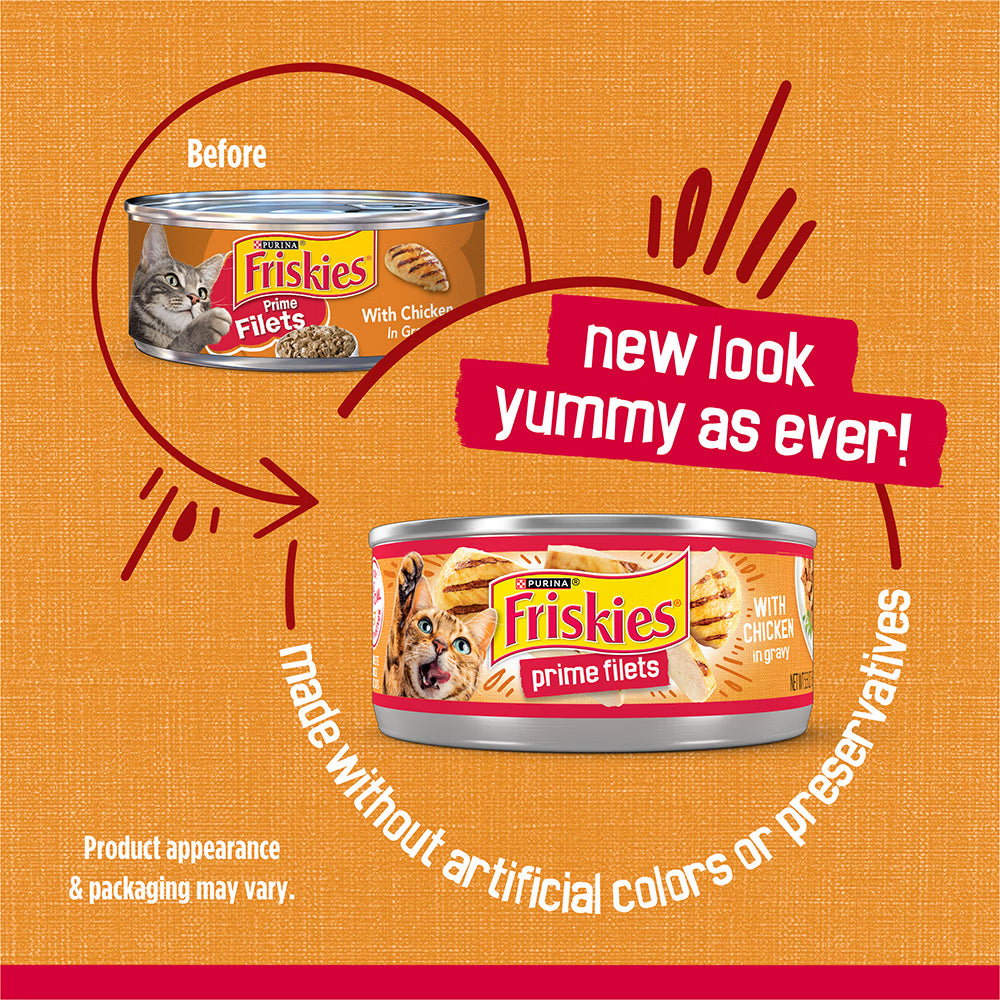 Advertisement for Friskies prime filets cat food with a before and after comparison on an orange background.