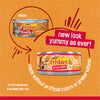 Advertisement for Friskies prime filets cat food with a before and after comparison on an orange background.