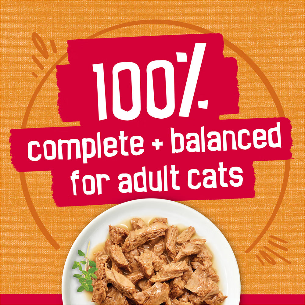 Cat food on a white plate with a red label on an orange background