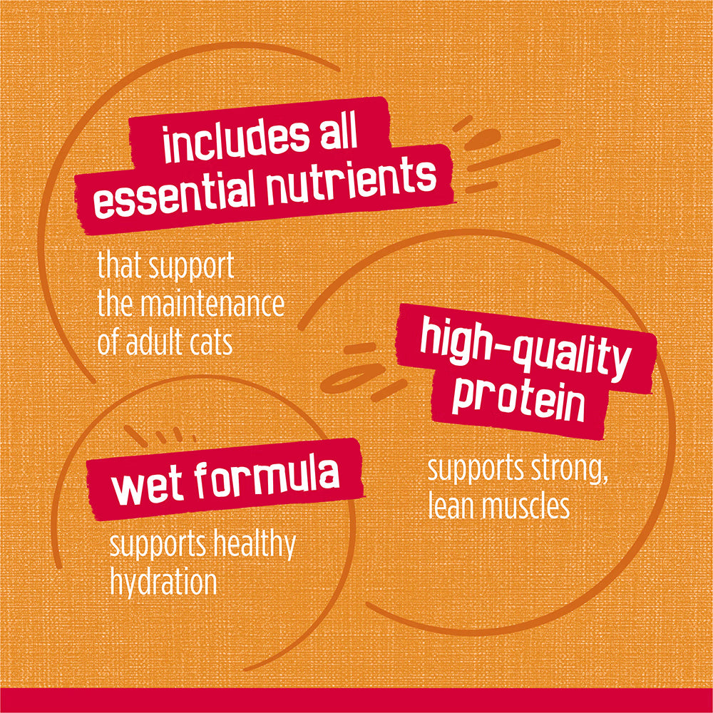 Text on an orange background about a cat food product's benefits