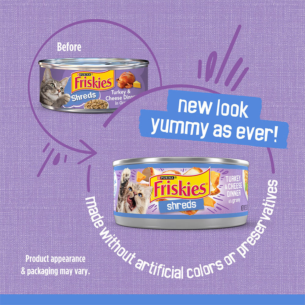 Advertisement for Friskies cat food can with text on a purple background