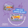 Advertisement for Friskies cat food can with text on a purple background