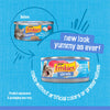 Comparison of Friskies cat food cans with text on a blue background