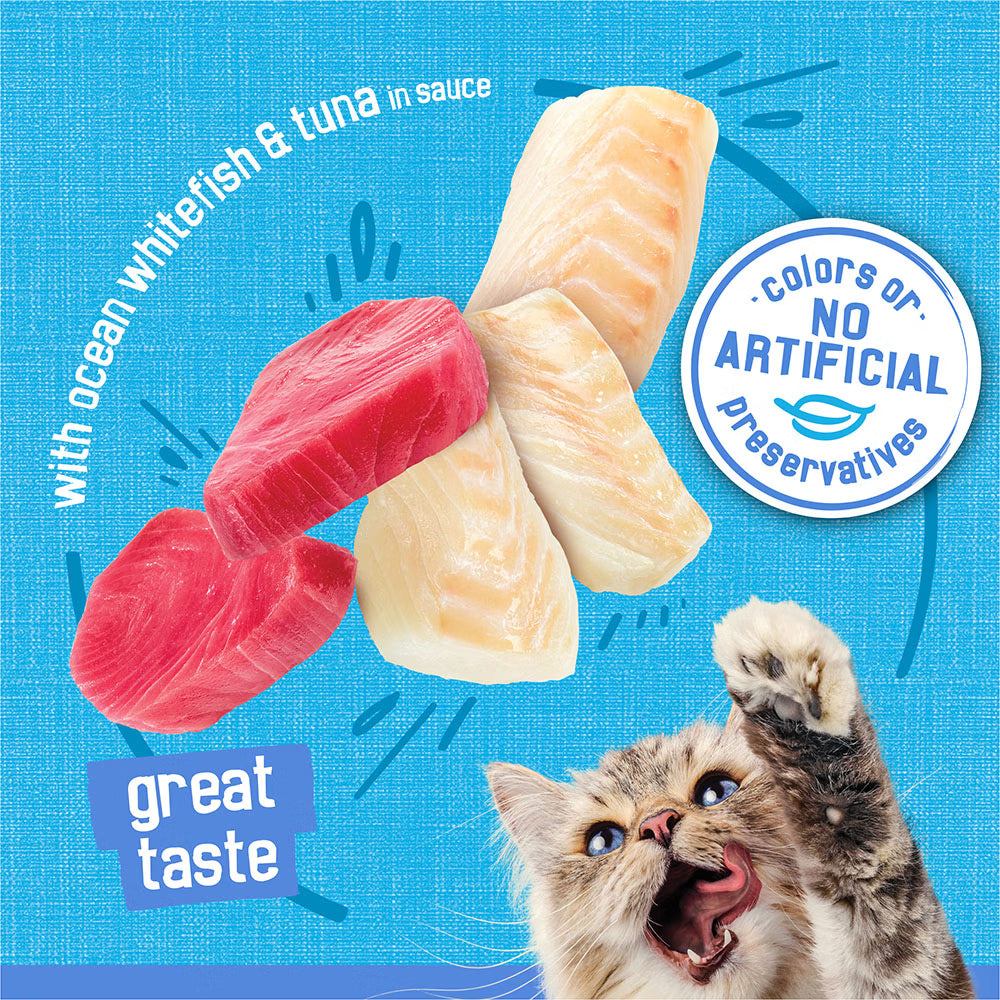 Cat food product with ocean whitefish, tuna, and a cat on a blue background
