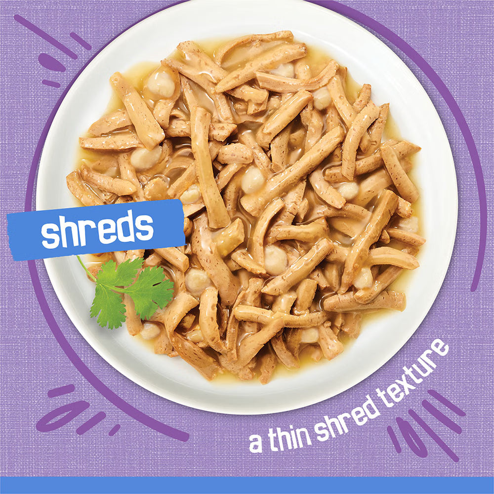 Plate of shredded food with a purple border and text overlay on a purple background
