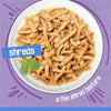 Plate of shredded food with a purple border and text overlay on a purple background