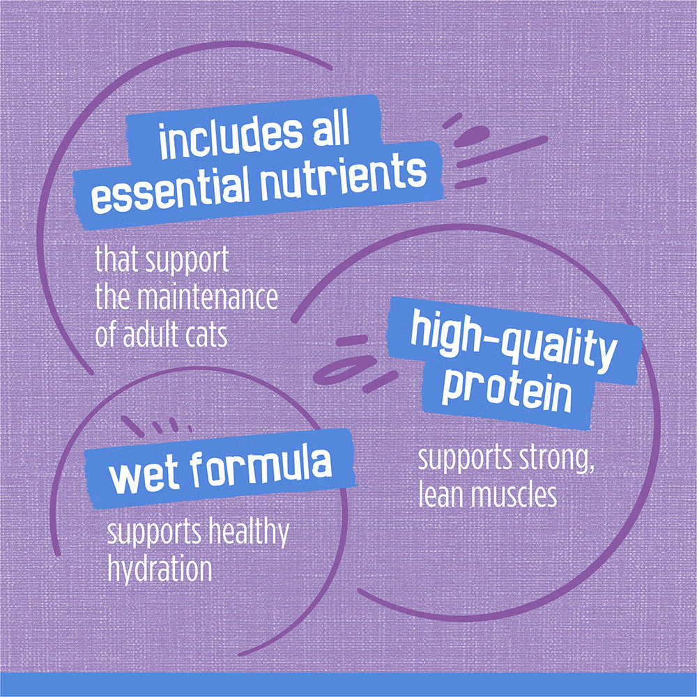 Promotional graphic about cat food with text on a purple background