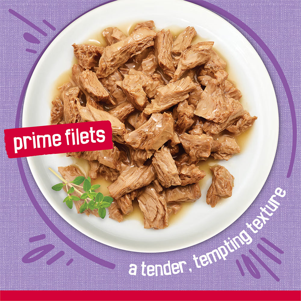 Plate of prime filets with a purple border and text about texture.