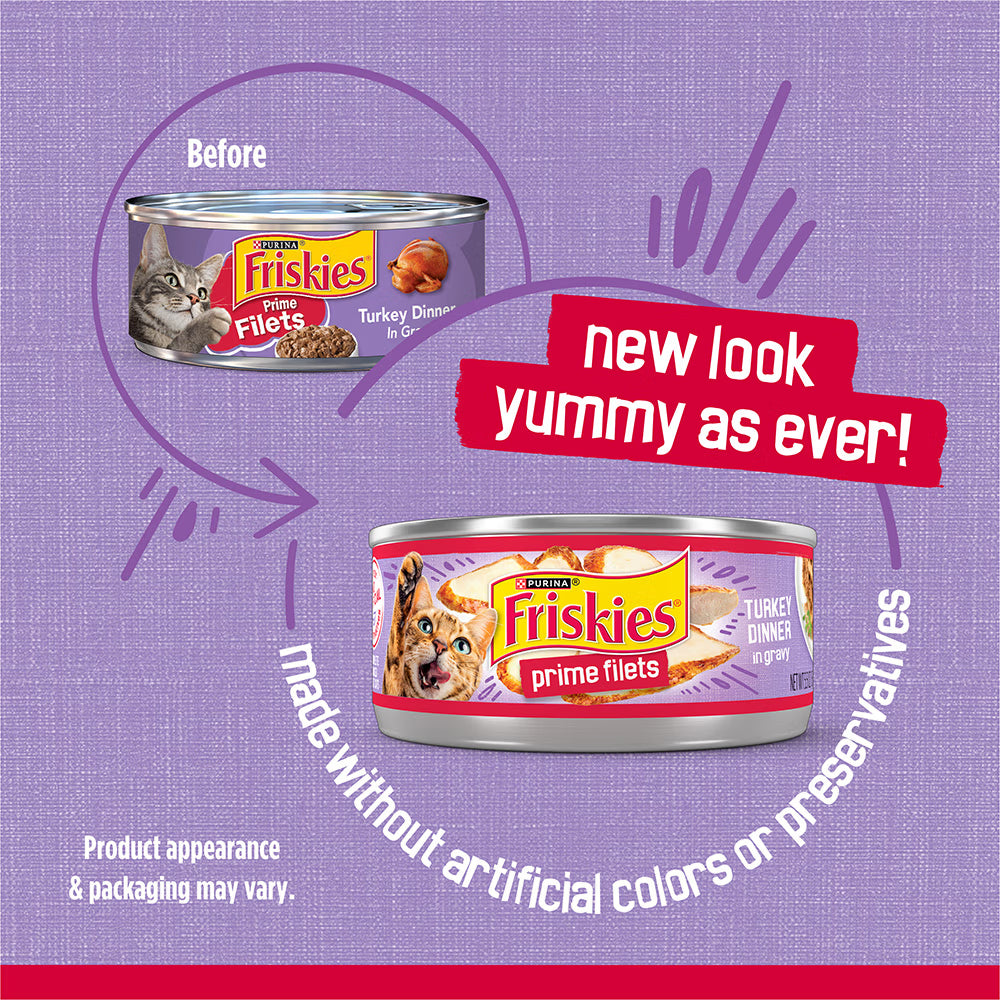 Comparison of Friskies prime filets can packaging with text on a purple background