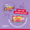 Comparison of Friskies prime filets can packaging with text on a purple background