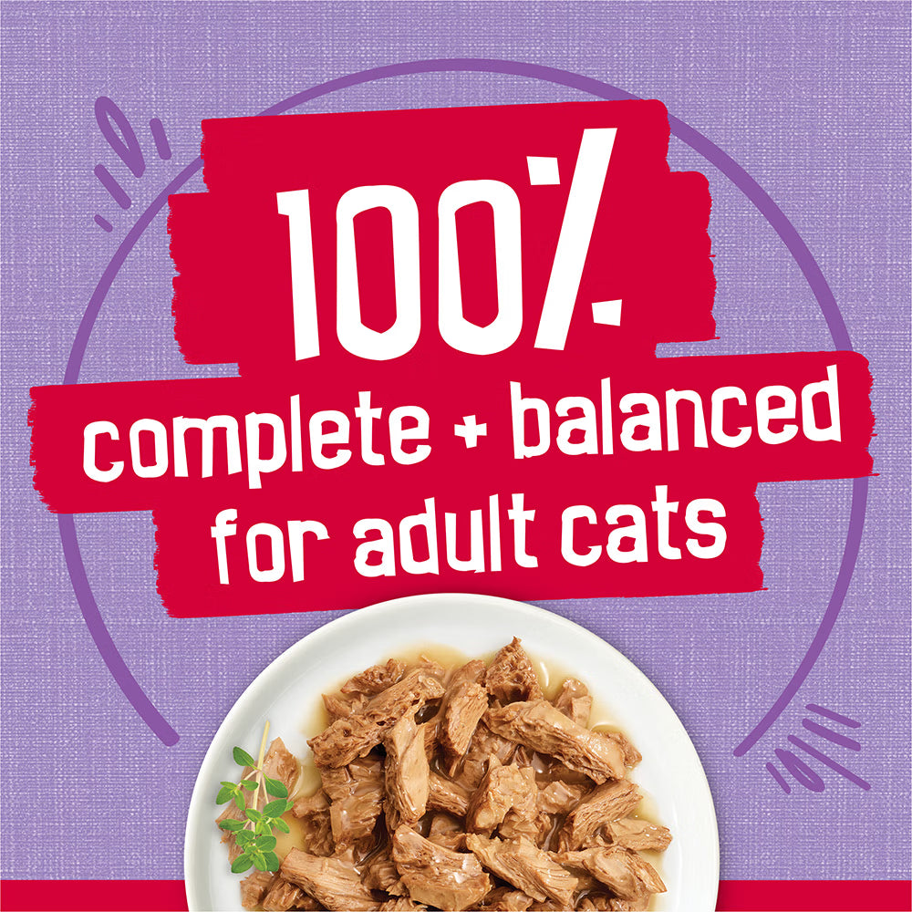 Cat food on a white plate with a purple background and text about complete and balanced diet for adult cats.