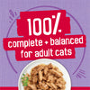 Cat food on a white plate with a purple background and text about complete and balanced diet for adult cats.
