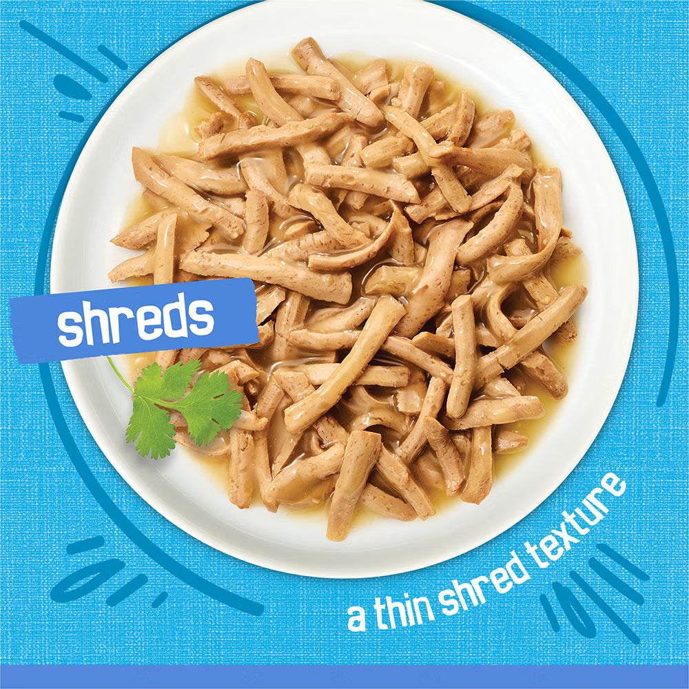 Plate of shredded food with a blue label and text on a blue background