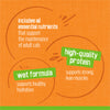Orange background with green text highlighting features of a cat food product.