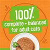 Cat food product with text '100% complete + balanced for adult cats' on an orange background