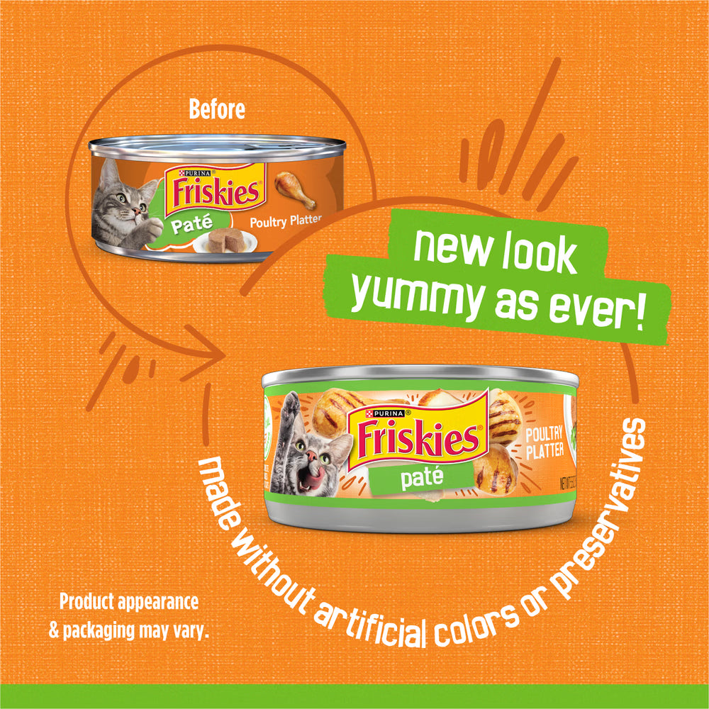 Advertisement for Friskies cat food can with a new packaging design on an orange background.