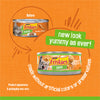 Advertisement for Friskies cat food can with a new packaging design on an orange background.